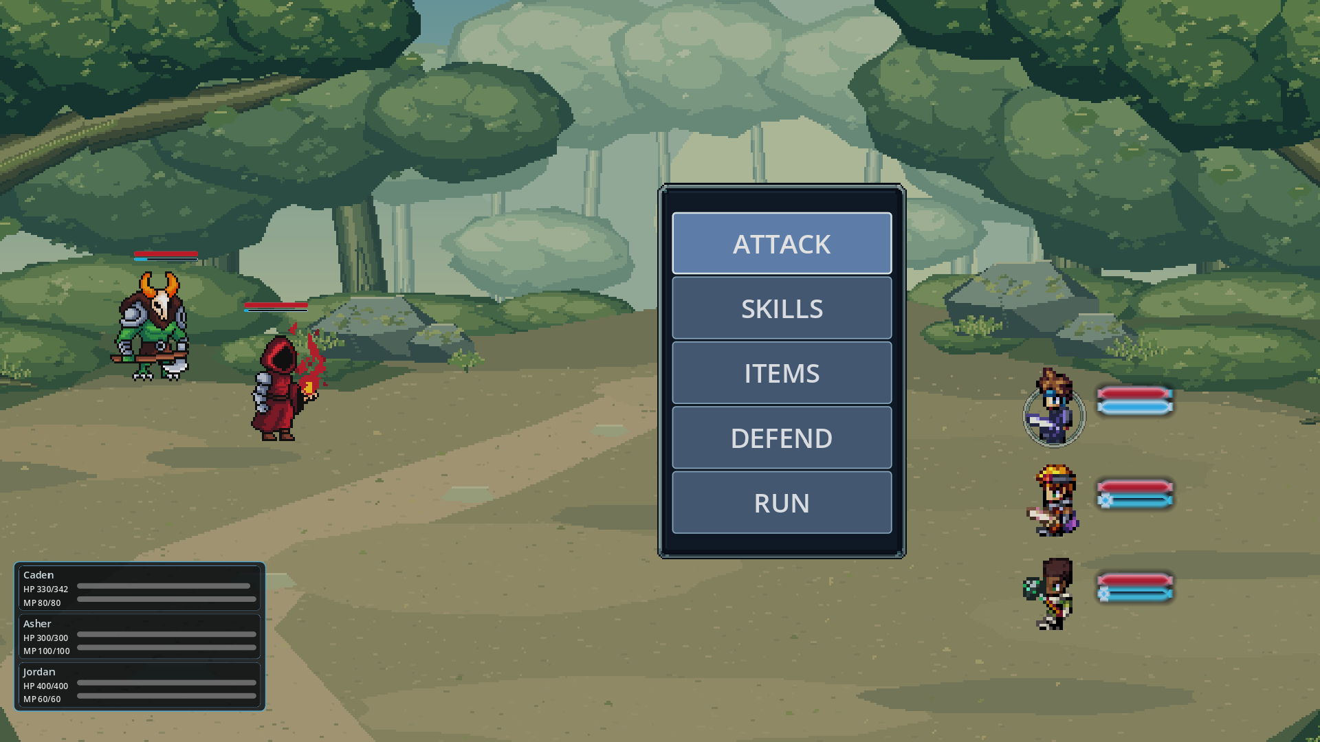 Caden and his companions in an active-time battle in the forest.
